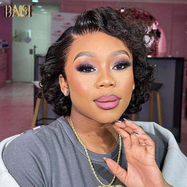 BAISI 13x4 Perruque boucles Curly  Wave Noir  8 Pouces 108 € 200% densité  Pré-plucked Pas Besoin de Colle en 100% Raw Hair Lace déjà couper