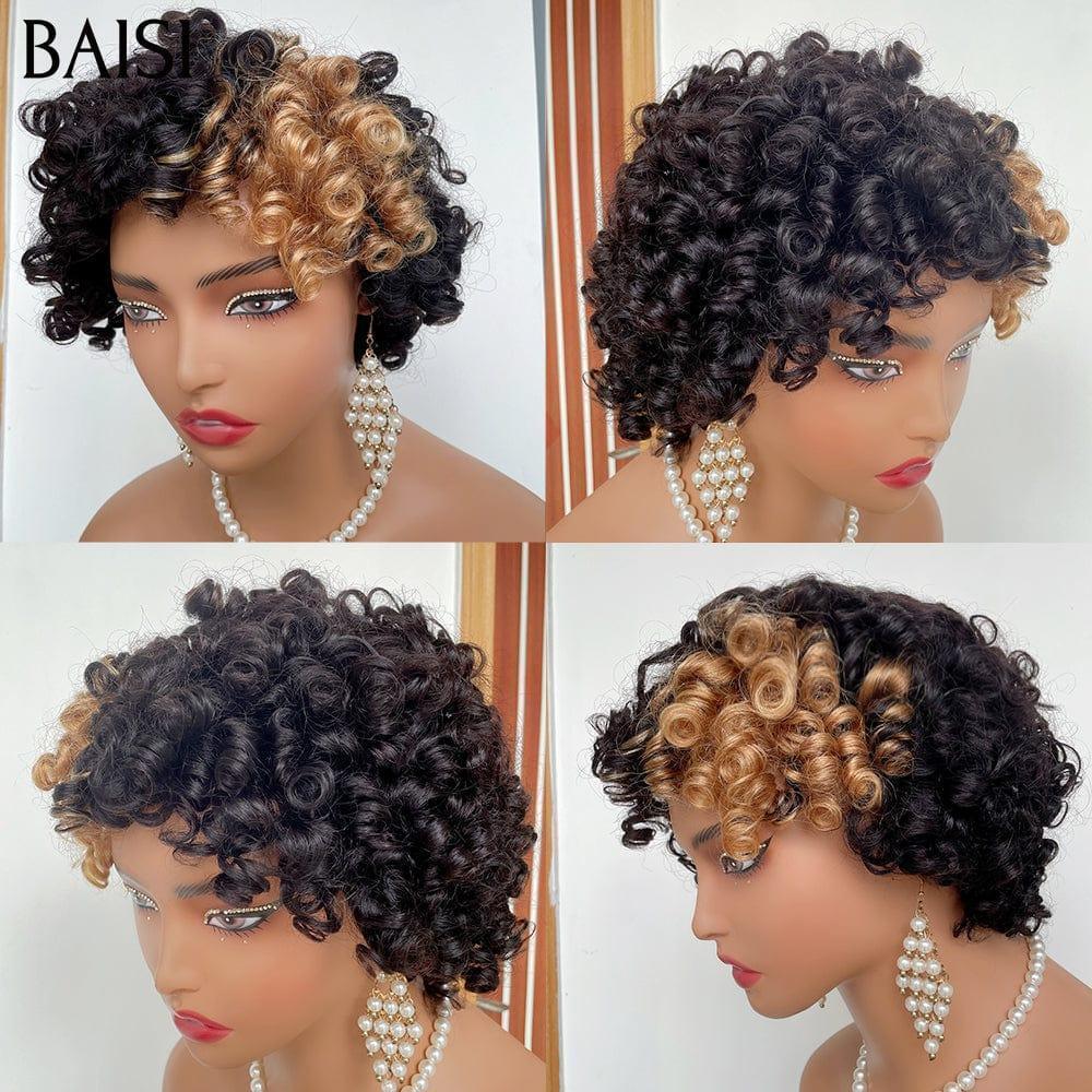 BAISI  Perruque Pixie curly wave NOIR 49€ ou  noir mix miel 1B27#  petite coupe fabriqué à la machine 65€ En 100% Cheveux Humains