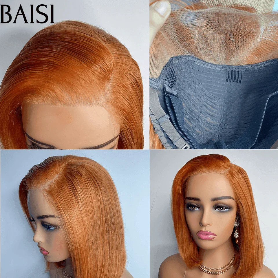 BAISI Achetez 2 perruques minimum au prix d'usine fournisseur Petit Perruque lisse 13X4 lace frontal bob en couleur noir ou orange en 100% Vrais Cheveux Humains  (Pas Besoins De Code)