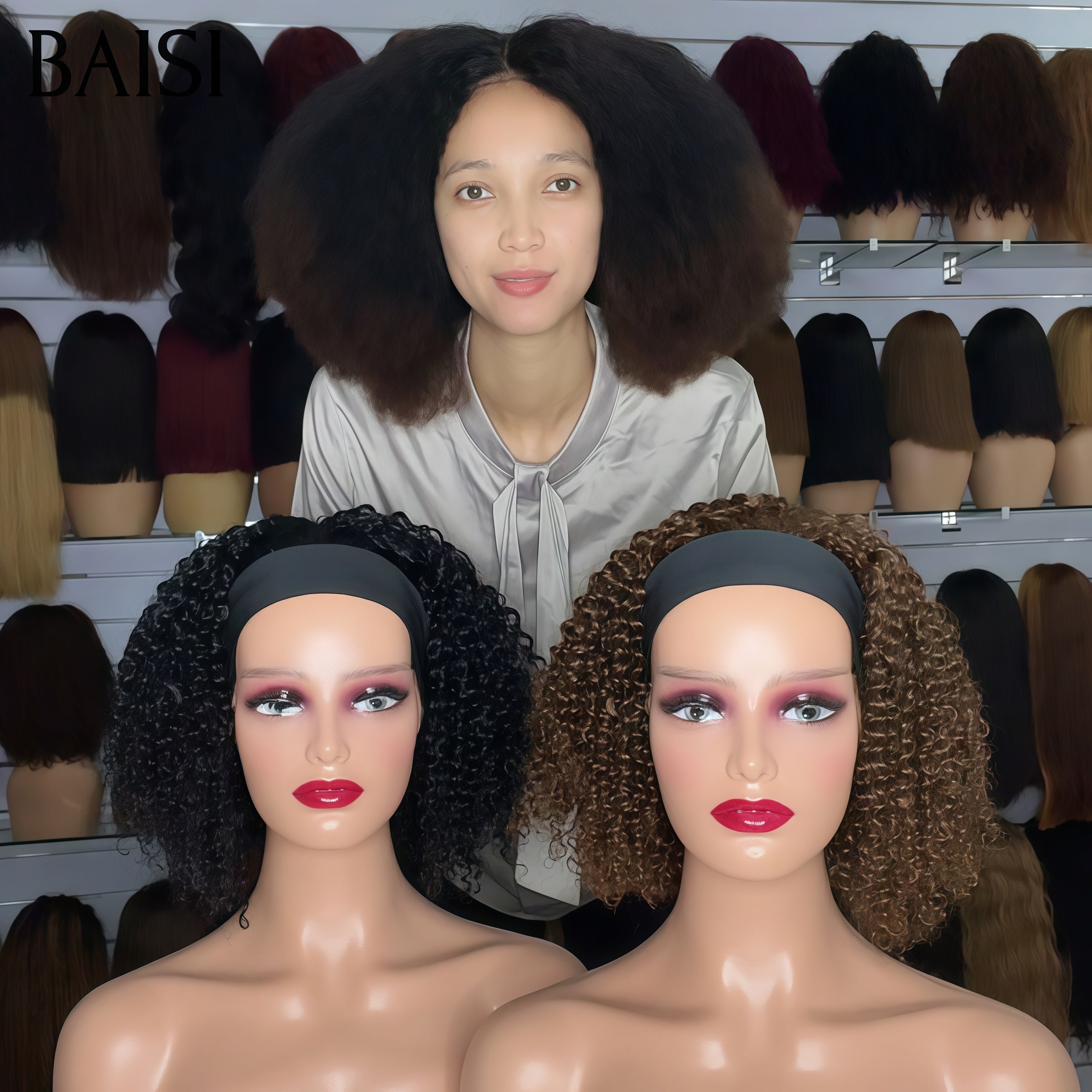 BAISI Perruque Bandeau BOB Sans Colle Sans Lace kinky curly 12 Pouces en Couleur Marron ou Noir et Perruque Afro Kinky 18pouces 400% de Volume en 100% Cheveux Humains