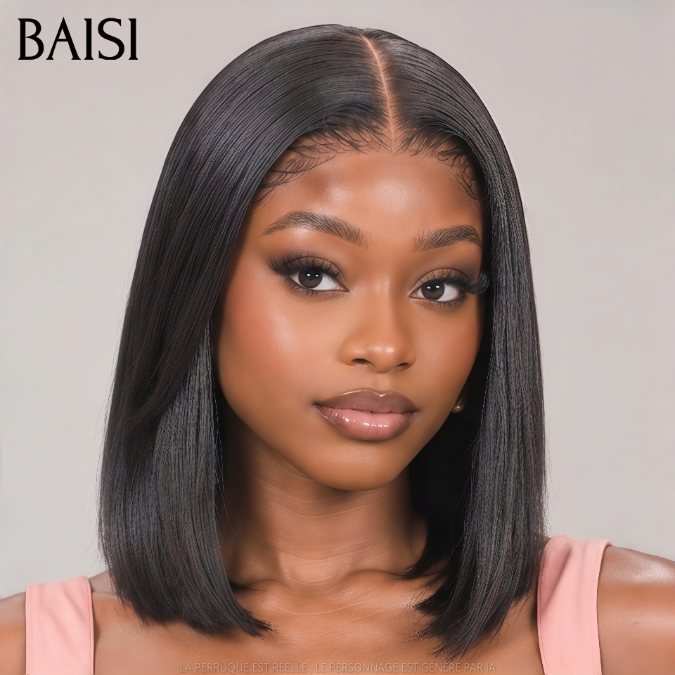 BAISI 13x4 Lace Perruque Bob Lisse 12Pouces A Partir de 98€ Couleur Noir 1B# Sans Colle Tout le Monde Aime en 100% Cheveux humains