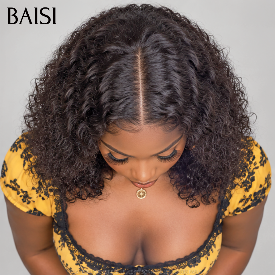 BAISI Grande SOLDES TVA 0€ 300% Densité Sans Colle 4X4 Closure Perruque Naturelle Curly 12 Pouce 95€ Lace déjà couper Facile à Porter en 100% Cheveux Humains FR38