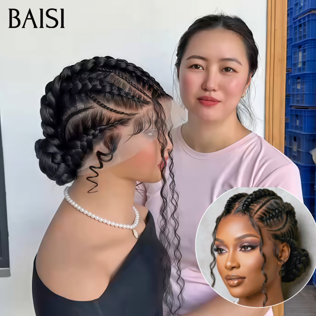 BAISI Full Lace Perruque Bouclée Déjà Coiffée et Nattée Couleur Noir 199€ Dentelle Respirante Très A La Mode Cet Eté en 100% Cheveux humains