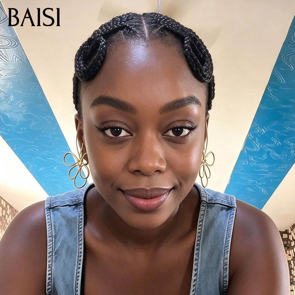 BAISI Full Lace Perruque Coiffée Tresses Africaines Nattes En Fleures 189€ Élégante et Respirante en 100% Cheveux humains