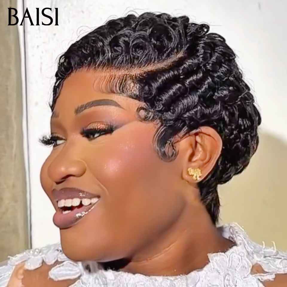 BAISI Offre Flash 13x4 Lace Perruque Pixie Finger Wave petite coupe En Frontal 60€ Ou Sans Lace 38€  Fabriqué à la machine En 100% Cheveux Humains B