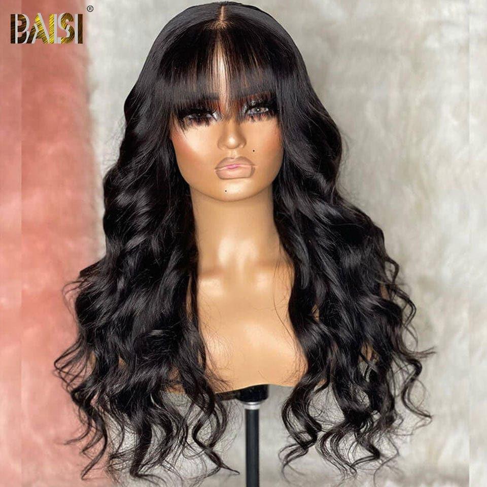 BAISI Parrucche di Lusso Egg Wave con Frangia, realizzate con capelli double drawn, riga naturale al centro, 300% densità