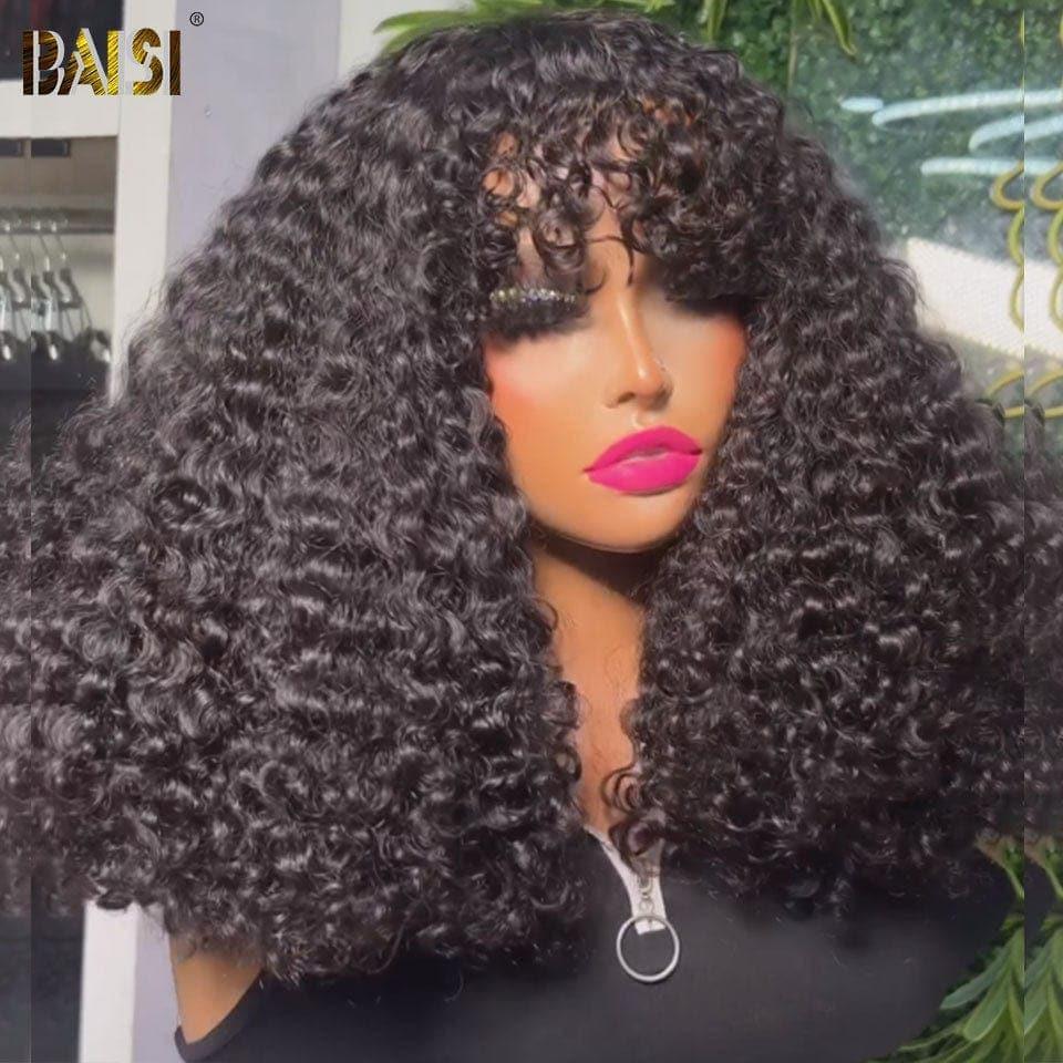 BAISI Perruque Kinky Curly Bouclée avec Frange Noir 85€ 12 Pouces en 100% Cheveux Humains de Bonne Qualité
