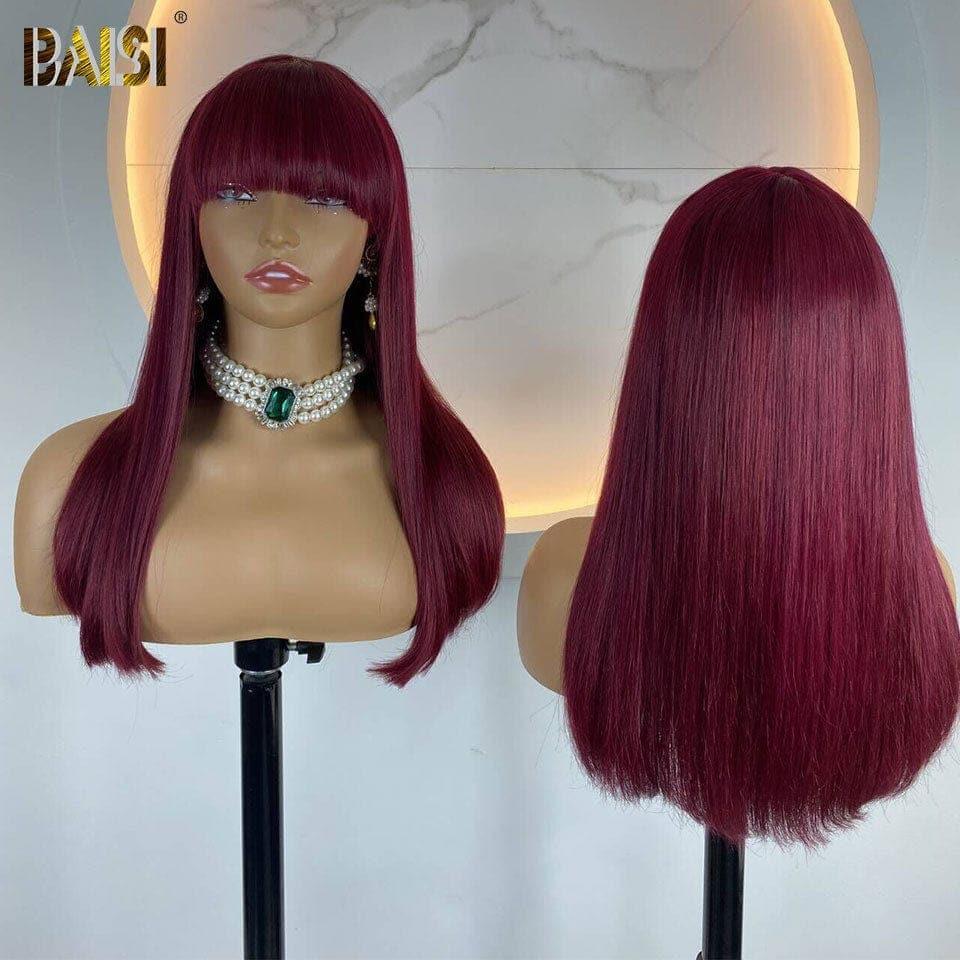 Parrucche diritte di lusso BAISI in Borgogna # 99J con frangia Realizzate con capelli doppi stirati con riga centrale naturale
