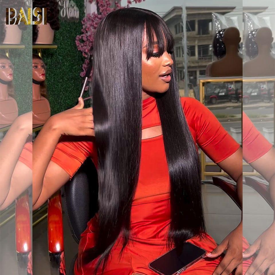 BAISI Parrucche Lisce con Frangia Realizzate con Capelli Double Drawn con Parting Naturale al Centro