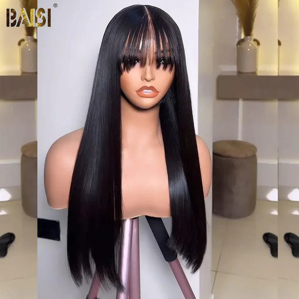 Parrucche lisci di lusso BAISI con frangia Realizzate con capelli doppiamente stirati con riga centrale naturale B Capelli Vietnam Densità del 250% oltre 20 anni di utilizzo MP50