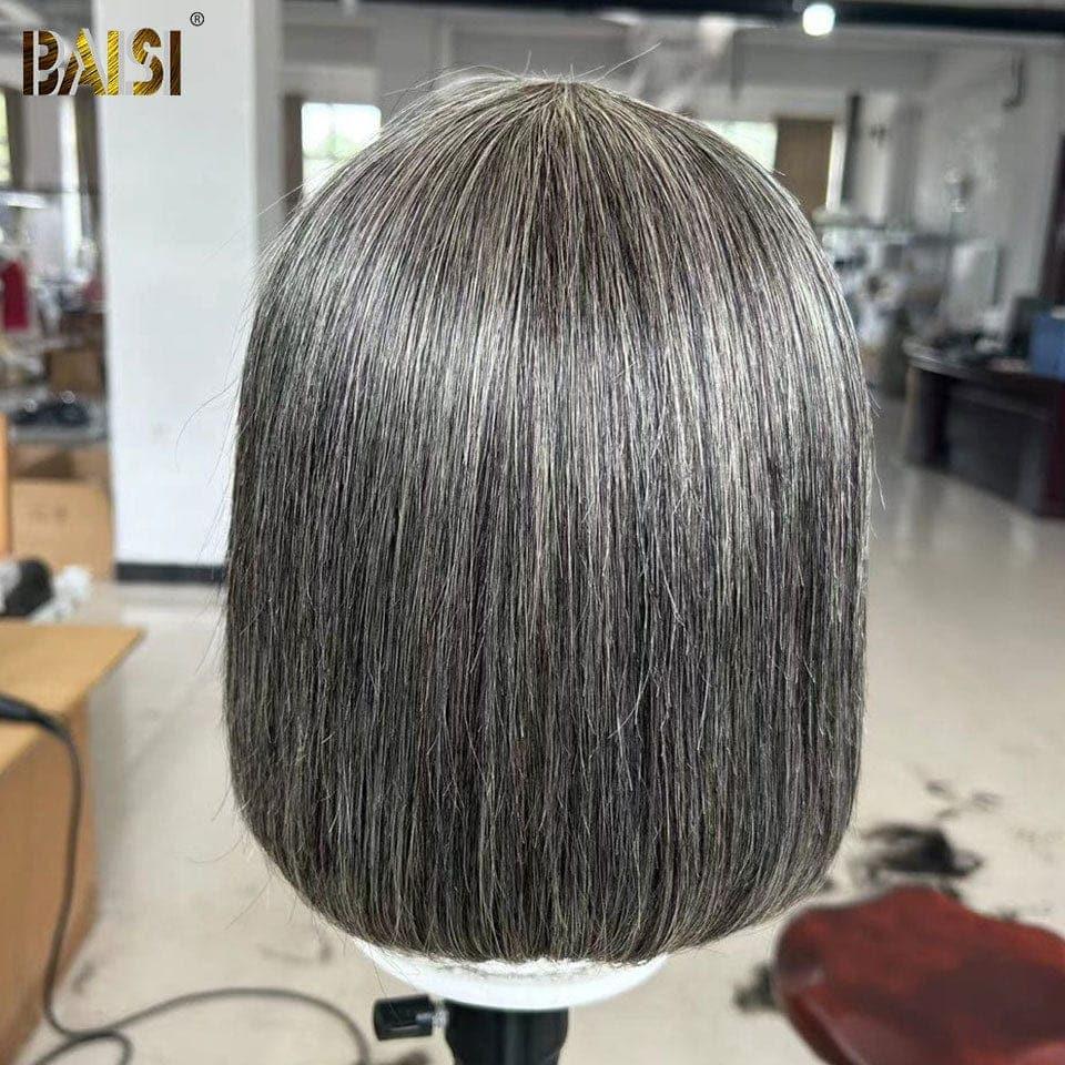 BAISI Collection Salt-and-Pepper Wig with Bangs Fashion Cut Mixed Gray Colors 8 inch 200%