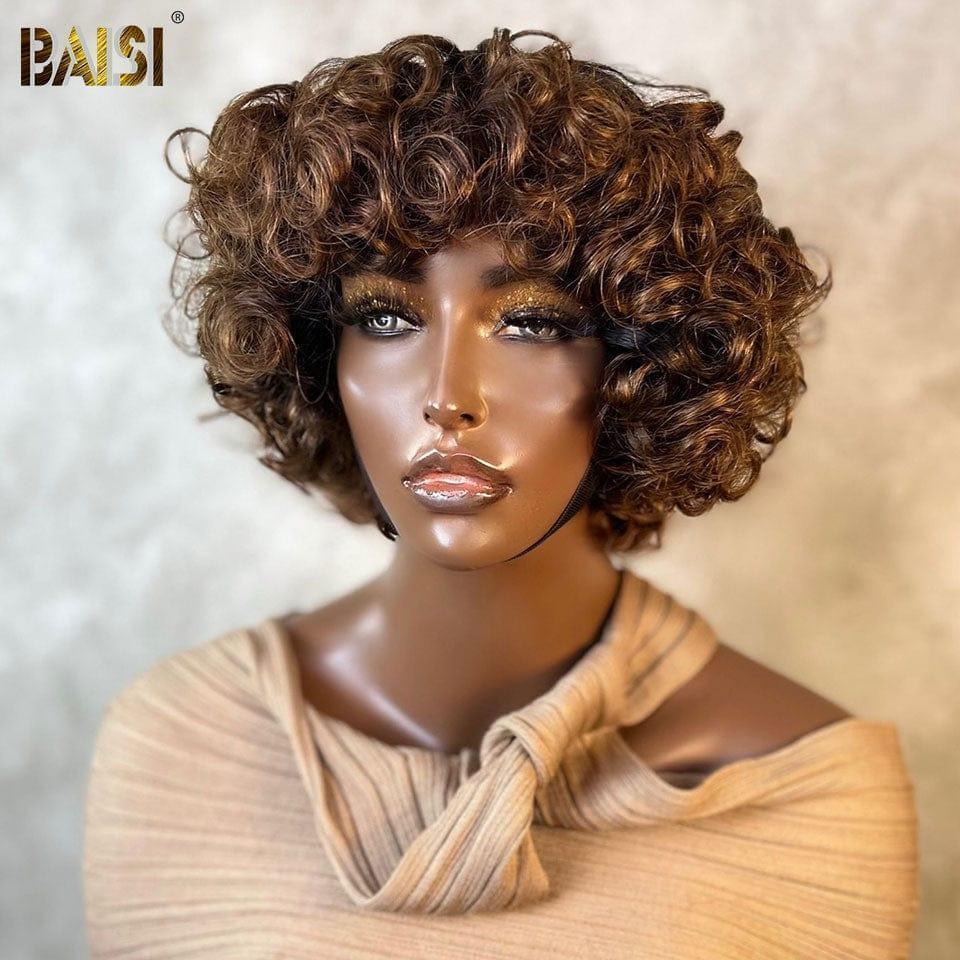 BAISI Perruque Bouclée Egg Wave 76€ Sans Colle avec Frange 4 couleurs en 100% Cheveux Humains