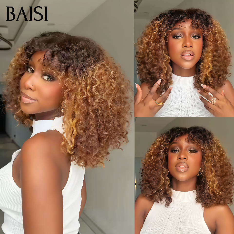 BAISI Perruque curly avec Frange 12 Pouces 89€ couleur mixte Marron sans Colle en 100% Cheveux Humain Hair