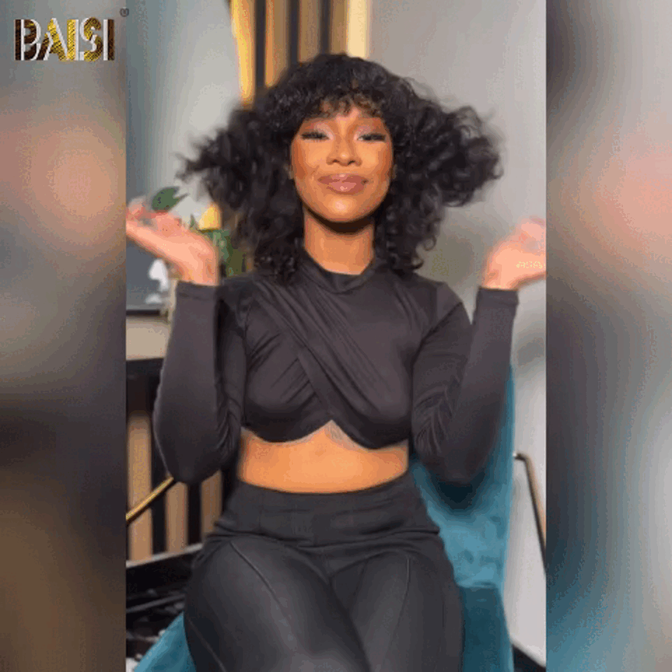 BAISI Perruques Bouclé Deep Wave Avec Frange B 100% Cheveux Humains
