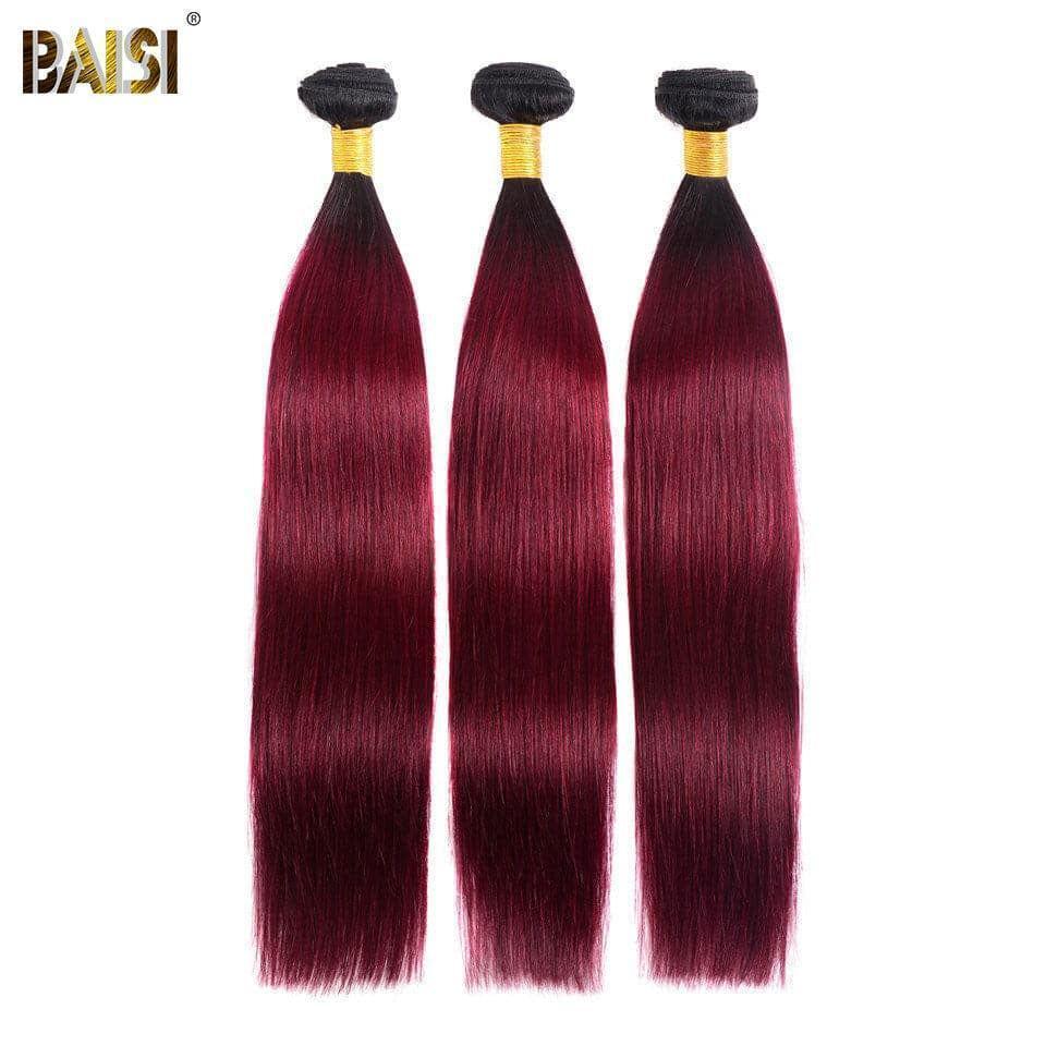 BAISI 12A Extensão em mechas, 3 mechas Bordeaux 1BT99J# em 100% cabelo humano liso