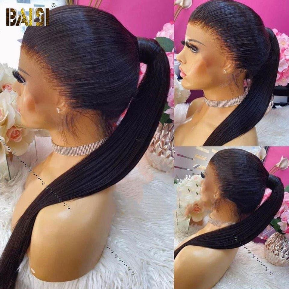 BAISI 360 Lace Perruque Lisse en Vrais Cheveux Humains Coiffure Chignion