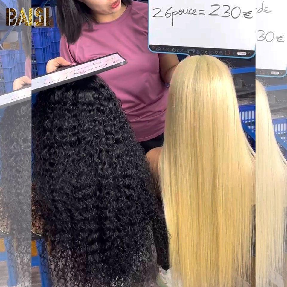 BAISI 13X4 lace frontal  Sans Colle 89€ ou Lot De 2 Perruques En Cheveux Humains Longue Perruque Lisse Plus Perruque Body Wave et curly wave 26Pouces