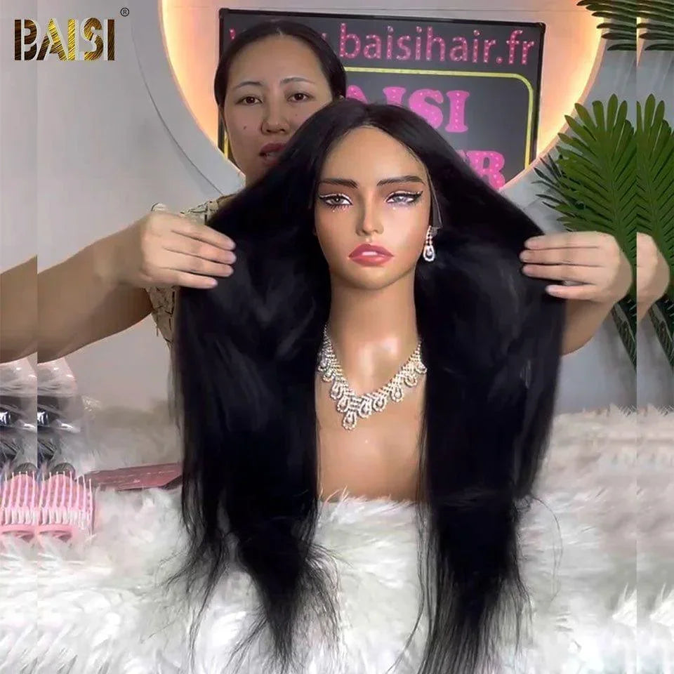 BAISI 13x6 Peruca Frontal Lisa Pré-Desfiada, Sem Necessidade de Cola, 100% Raw Hair, Lace Já Cortada