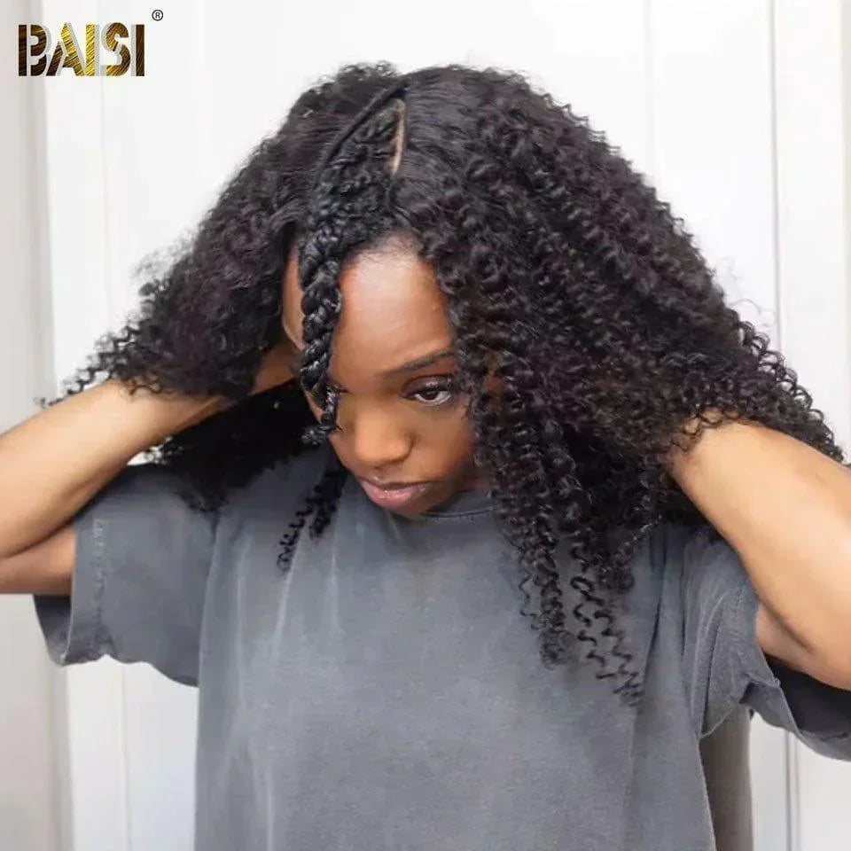 BAISI V Part Peruca ondulada natural em 100% cabelo humano, feita à máquina, sem lace