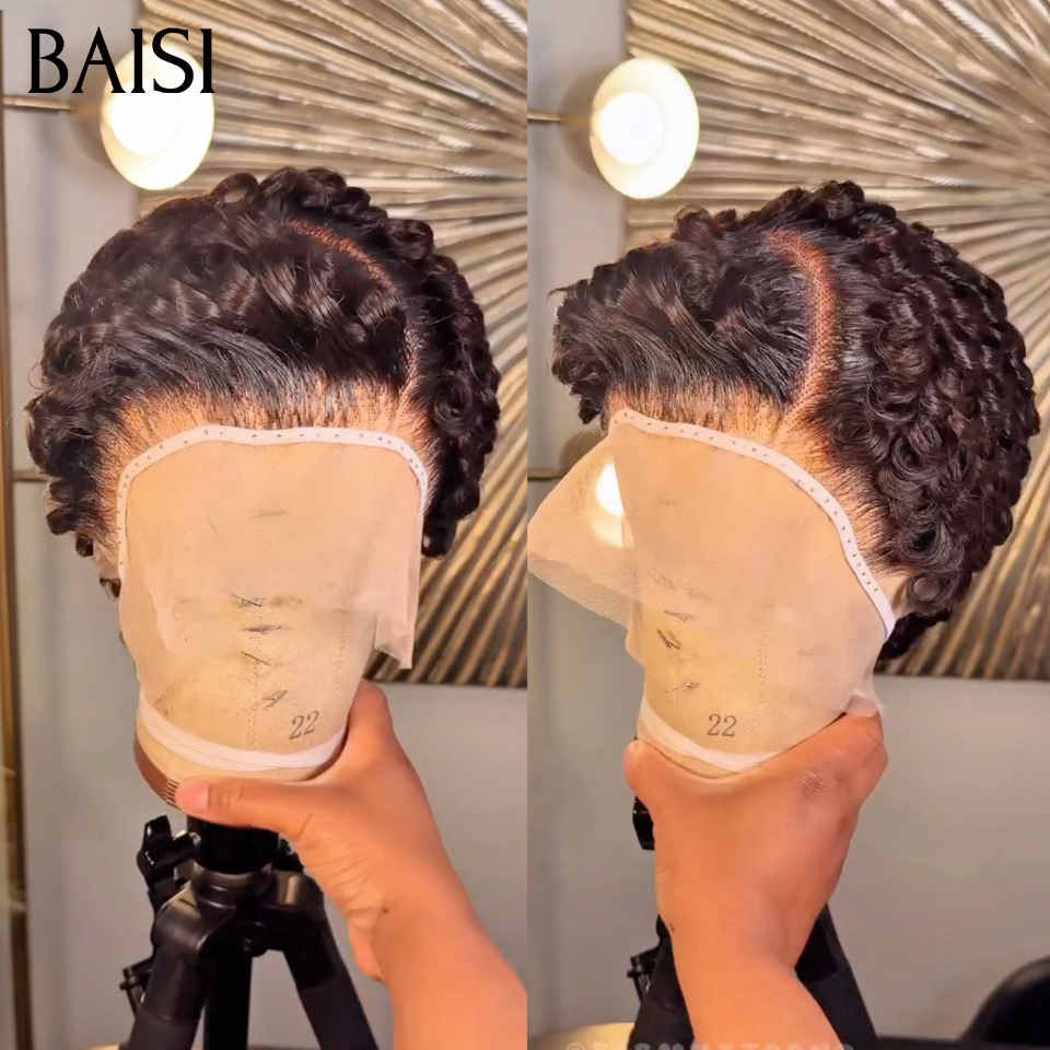 BAISI 13X4 lace Coupe Pixie Curly Wave Noir ou Pixie Lisse Couleur Marron Raie Bien Définie Look Parfait en 100% Vrais Cheveux Humains