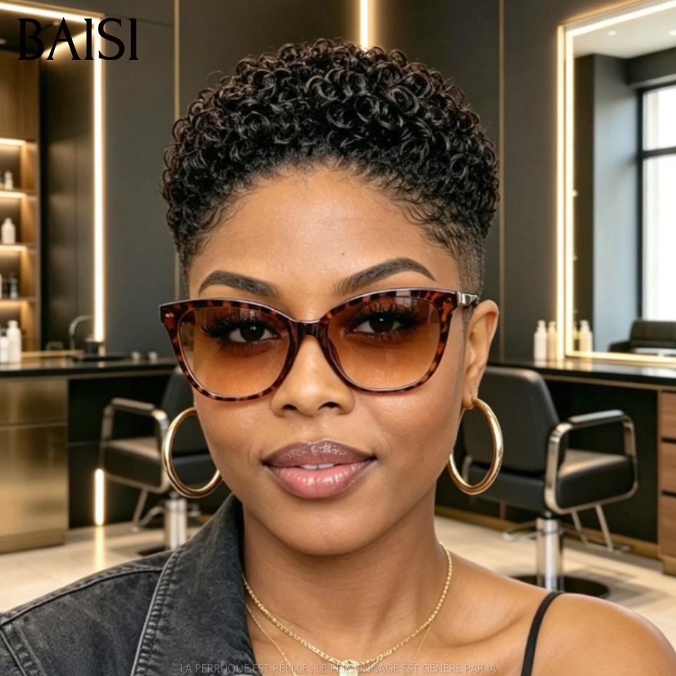 BAISI Full Lace Perruque Pixie Petite Coupe Curly Couleur Noir 1B# 145€ Elégante et Confiante  en 100% Cheveux Humains