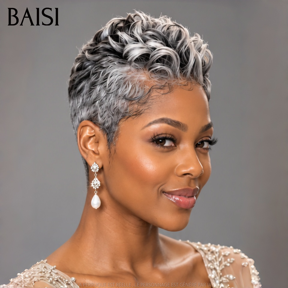 BAISI 5x5 Lace Perruque Pixie Curls Raie sur le côté Gris# A la Mode en 100% Cheveux Humains