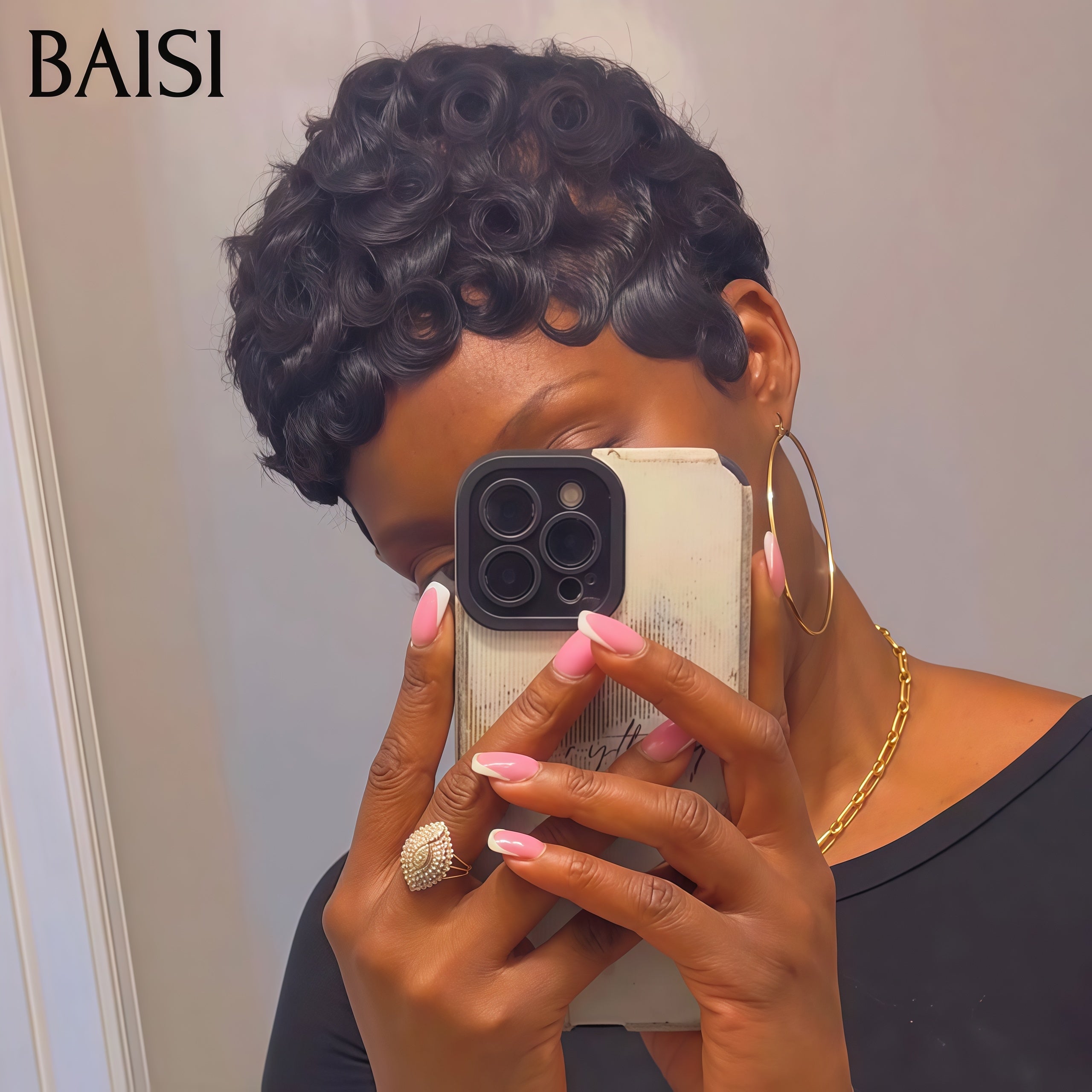 BAISI  Perruque Chioma pixie Sans Colle Prêt-à-porter 40€ finger wave NOIR Moitié Prix  en 100% cheveux humains