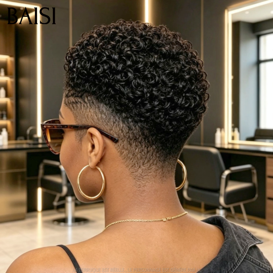 BAISI Full Lace Perruque Pixie Petite Coupe Curly Couleur Noir 1B# 145€ Elégante et Confiante  en 100% Cheveux Humains
