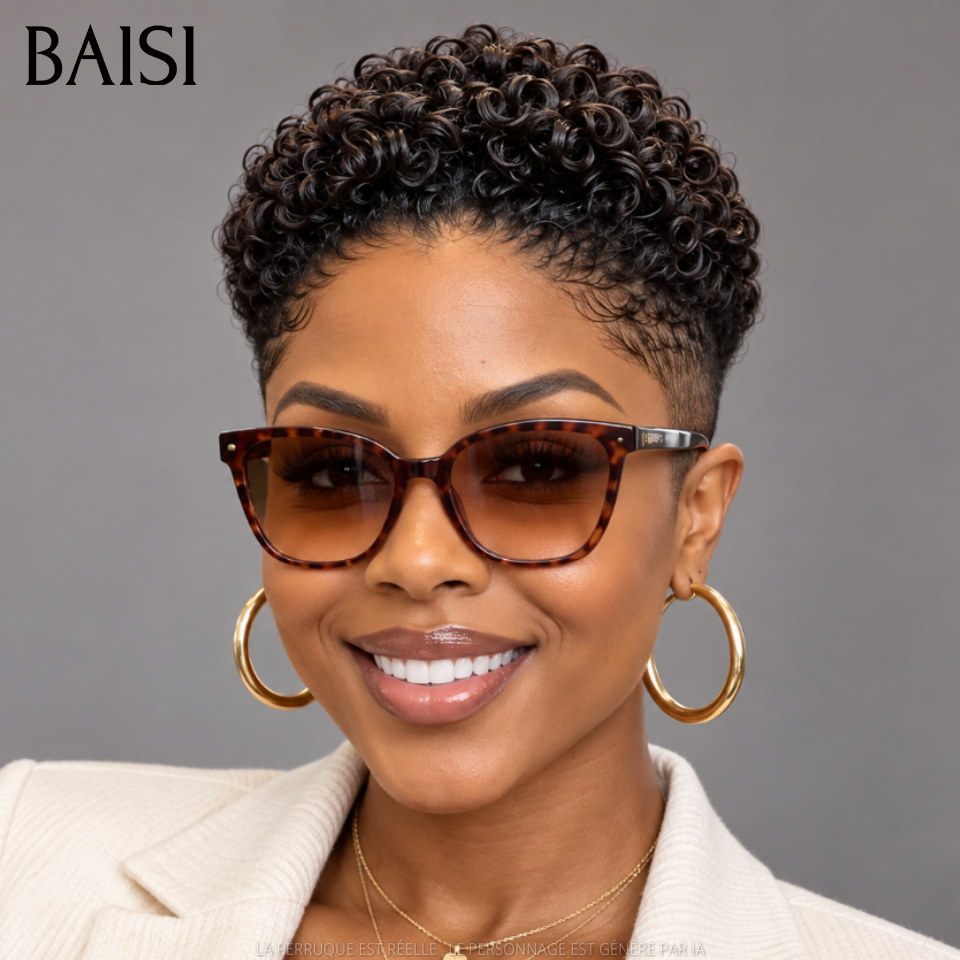 BAISI Full Lace Perruque Pixie Petite Coupe Curly Couleur Noir 1B# 145€ Elégante et Confiante  en 100% Cheveux Humains