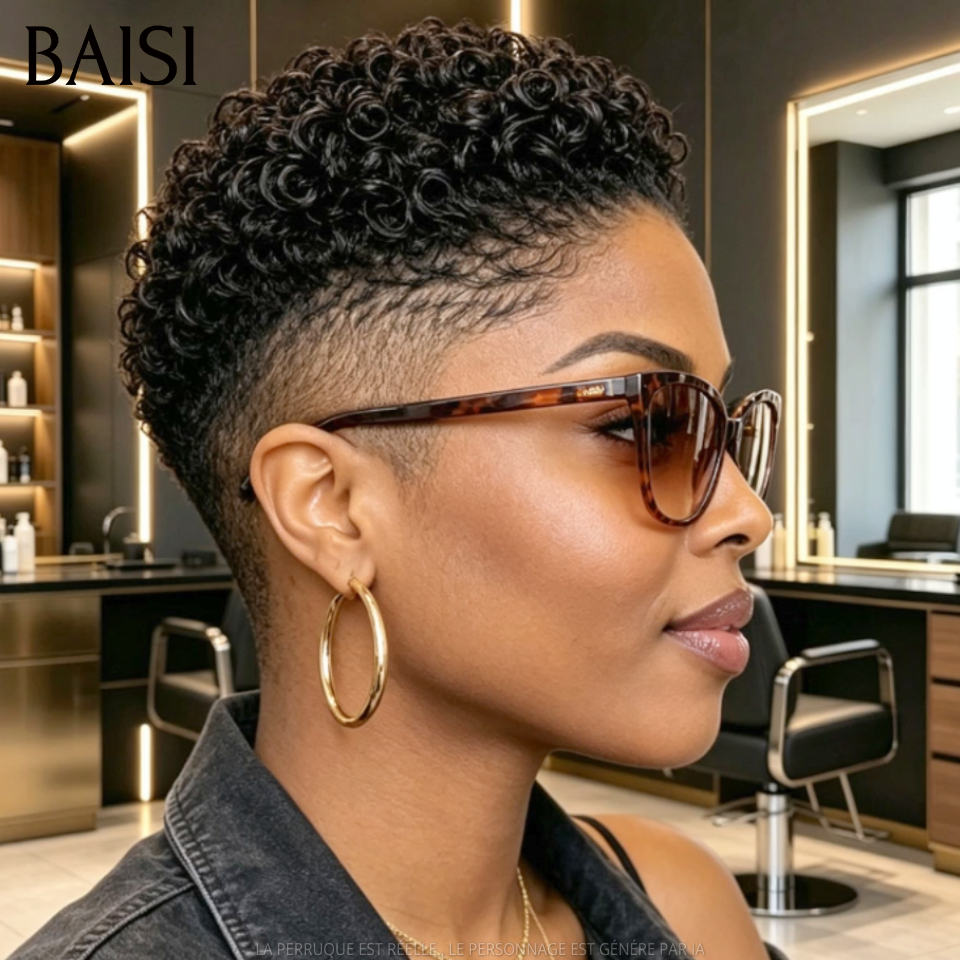 BAISI Full Lace Perruque Pixie Petite Coupe Curly Couleur Noir 1B# 145€ Elégante et Confiante  en 100% Cheveux Humains