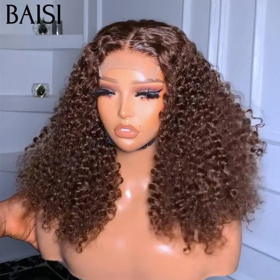 BAISI HAIR FR Grand SOLDES TVA 0€  Volume 250% densité 14 Pouces Couleur Marron #4 Lace 4X4 Perruques de Luxe curly Wave double drawn mèches vièges en 100% Cheveux Humains
