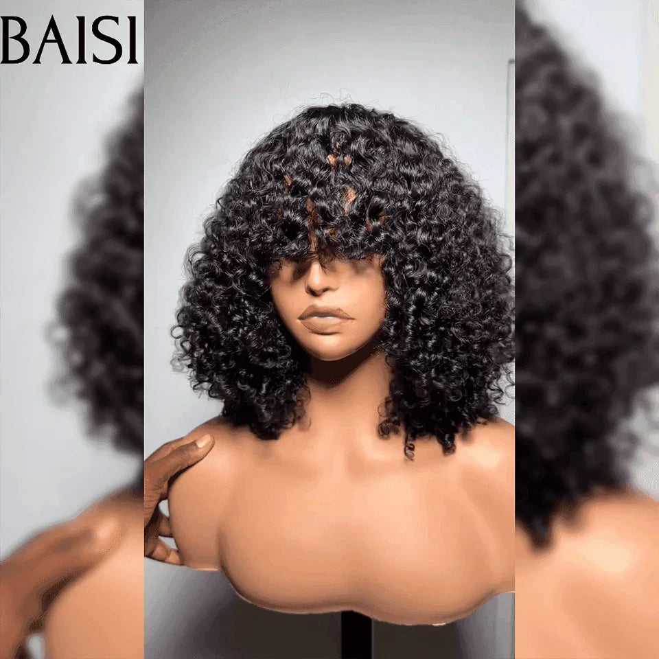 BAISI Flash Offre 84€ Perruque Curly Bouclée Avec Frange Noir Marron En 100% Cheveux Humains De Bonne Qualité  FR38