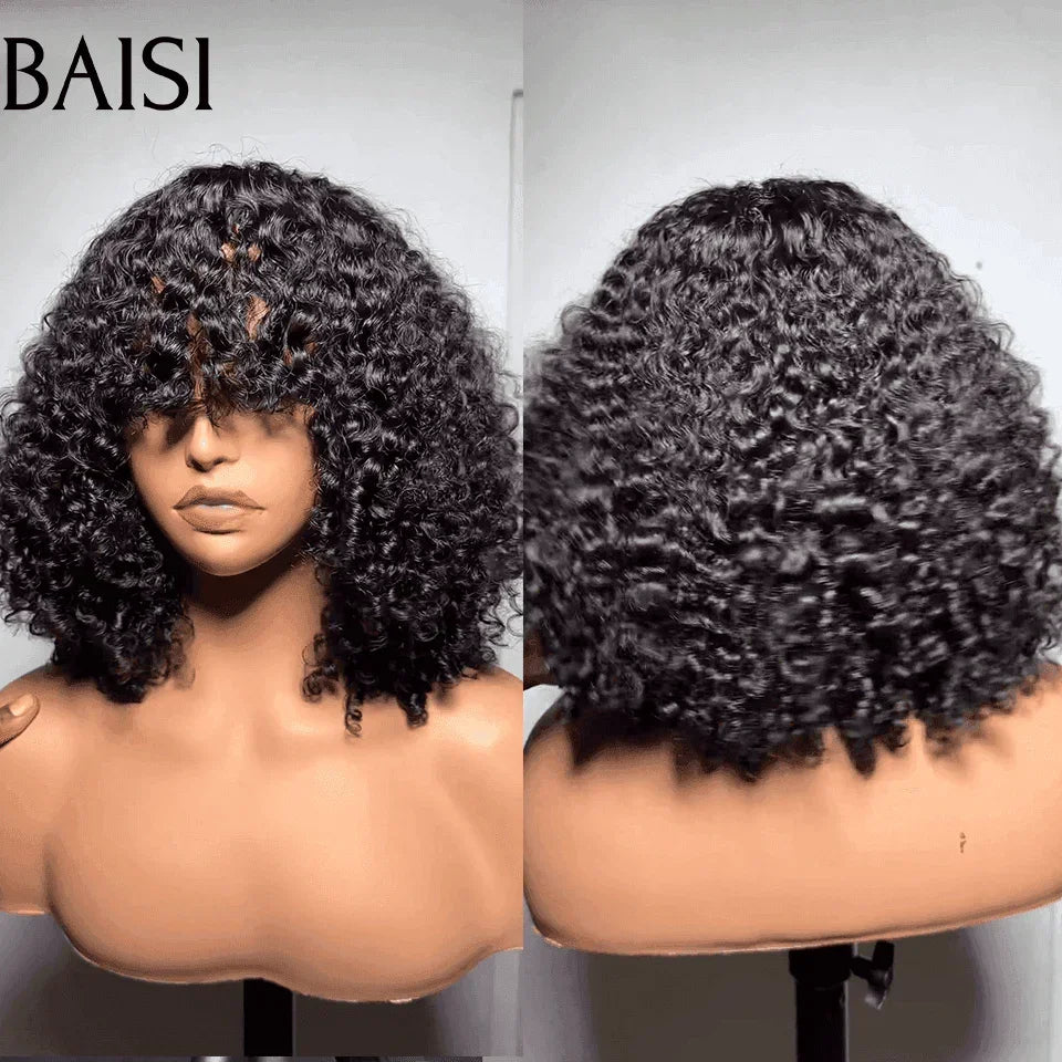 BAISI Flash Offre 84€ Perruque Curly Bouclée Avec Frange Noir Marron En 100% Cheveux Humains De Bonne Qualité  FR38