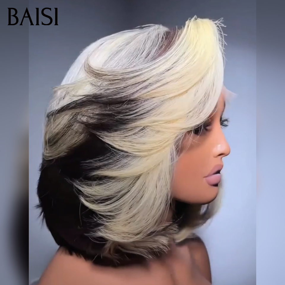 BAISI  13x4 Perruque Lisse Coupe Dégradée 10Pouces 128€ Couleur Blonde et Noir 1B/613#  Envoûtante En 100% Cheveux Humains MP50
