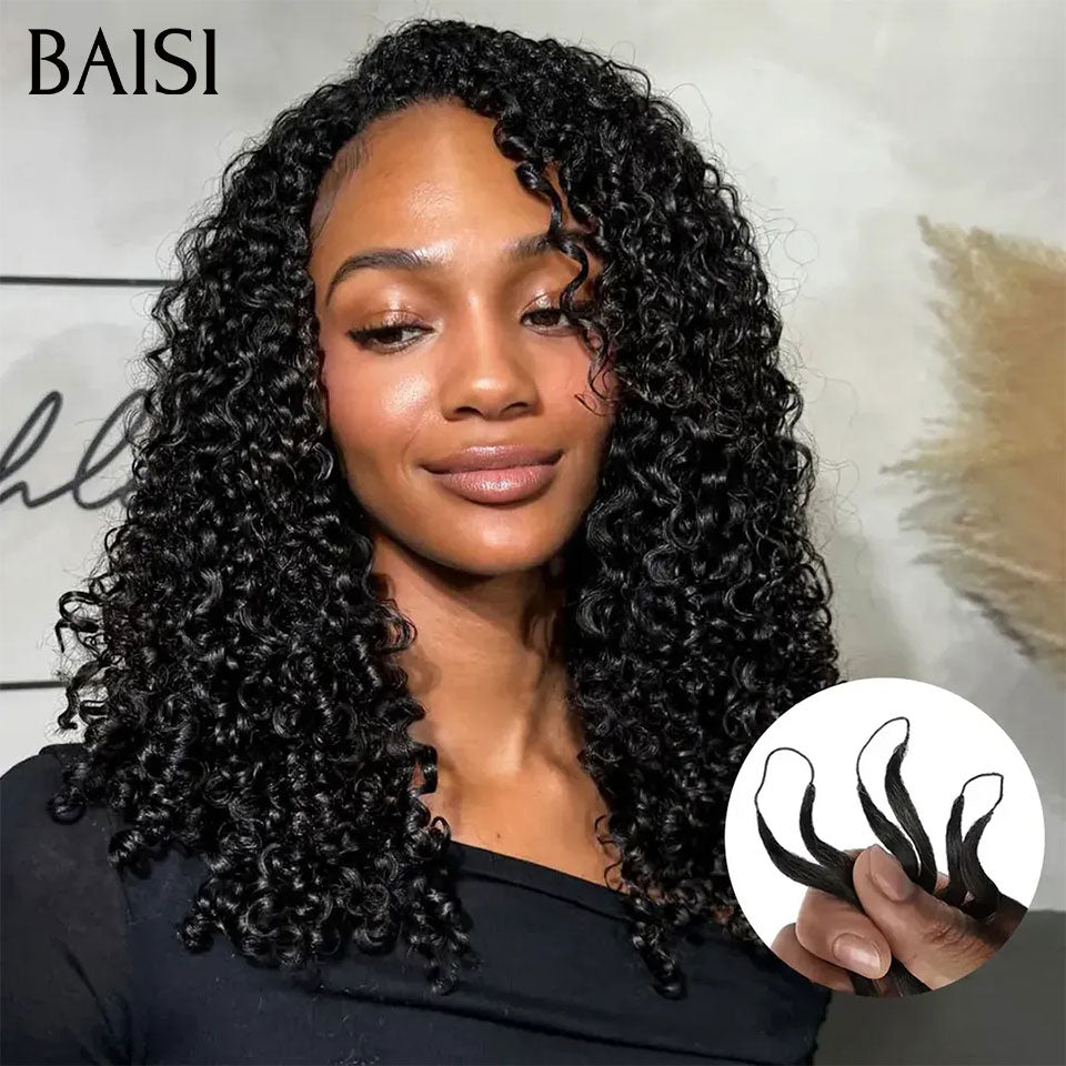 BAISI Extensions Plumes Cheveux Humains Noir en Crochet Texture Curly Burmese Installation Etape par Etape Facile et Simple Longue Tenue en 100% Cheveux Humains