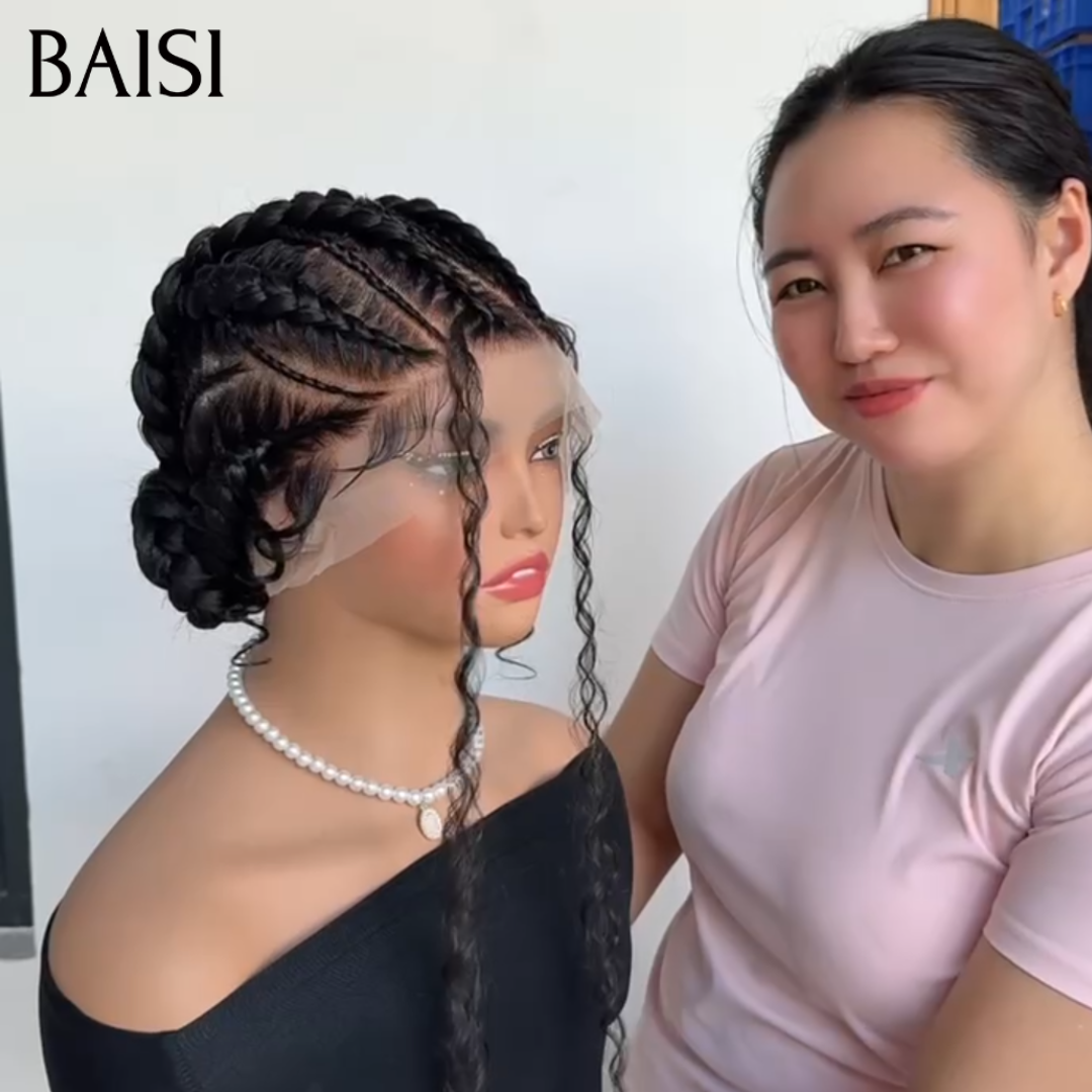 BAISI Full Lace Perruque Bouclée Déjà Coiffée et Nattée Couleur Noir 199€ Dentelle Respirante Très A La Mode Cet Eté en 100% Cheveux humains