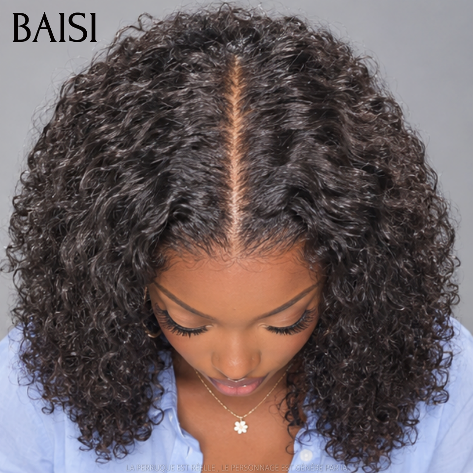 BAISI 4x4 Lace Perruque Sans Colle  Bob Curly Noir Seulement Lace déjà couper 250% de Densité Bien Remplie en 100% Cheveux Humains