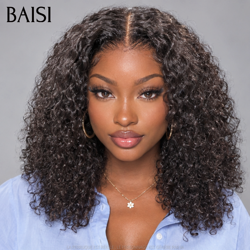 BAISI 4x4 Lace Perruque Sans Colle  Bob Curly Noir Seulement Lace déjà couper 250% de Densité Bien Remplie en 100% Cheveux Humains