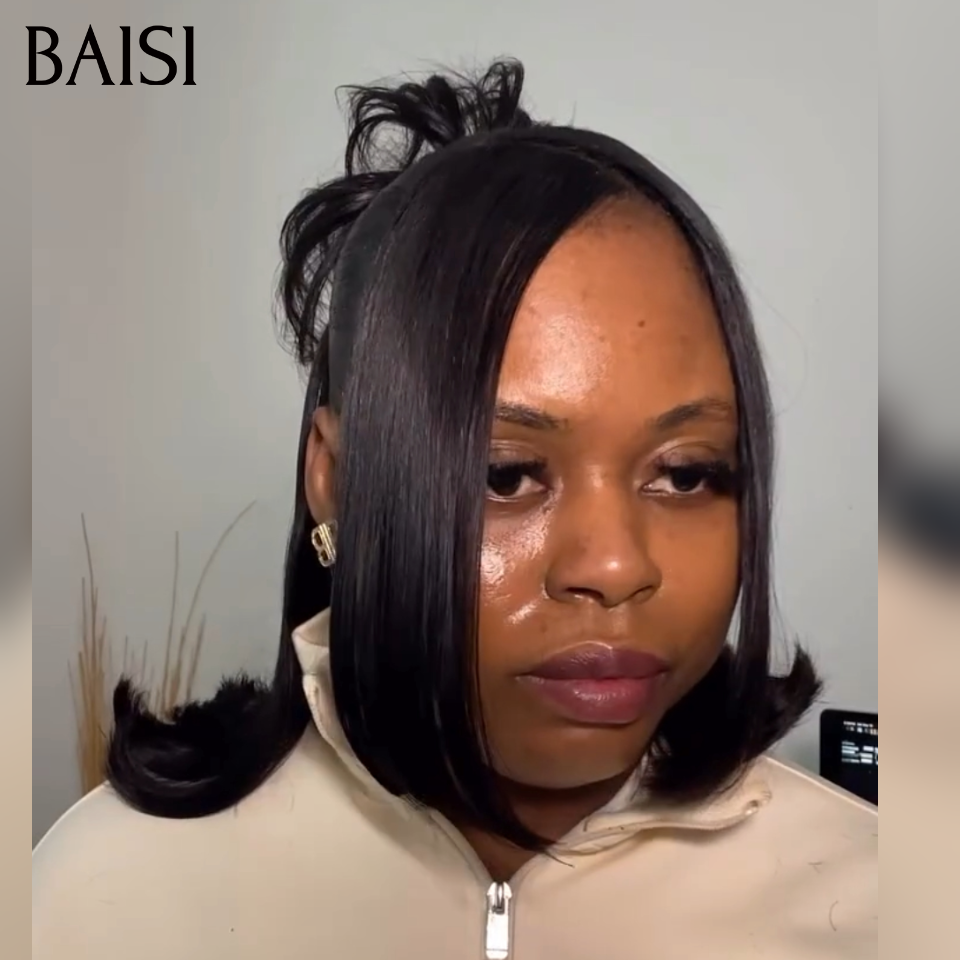 BAISI 13x4 lace Perruque Coiffée Bob Lisse Noir 1B#  12Pouces 129€ Coiffure chignon à bout légèrement balayé A la Mode en 100% Cheveux Humains