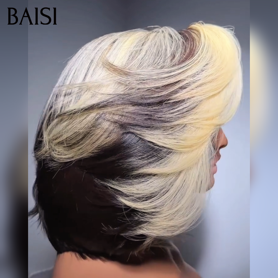 BAISI  13x4 Perruque Lisse Coupe Dégradée 10Pouces 128€ Couleur Blonde et Noir 1B/613#  Envoûtante En 100% Cheveux Humains MP50