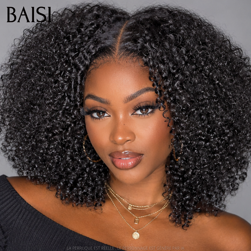 BAISI 4x4 Lace Perruque Bob Curly Sans Colle Couleur Noir 1B# Magnifique Petite Boucle D'Ange en 100% Cheveux Humains  #24036