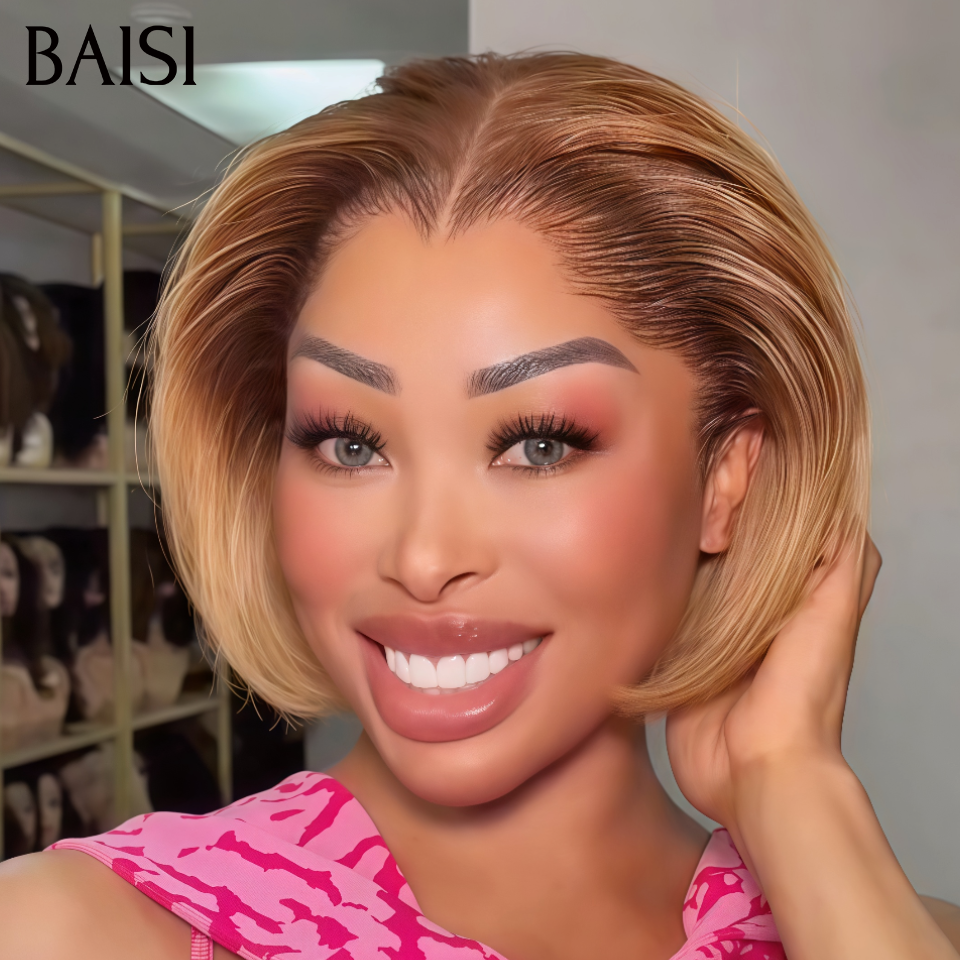BAISI 13X4 lace Perruque Bob Lisse Couleur Marron Miel 4/27# 10 Pouces 86€ Seulement Raie au milieur ou Raie de Côté Très Bonne Qualité en 100% Cheveux Humains