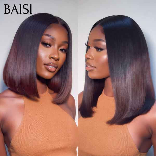 BAISI 4X4 lace closure Perruque Bob Lisse 8 à 14 Pouces en couleur Marron avec racine NOIR 1BT4# Très Bonne Qualité en 100% Cheveux Humains