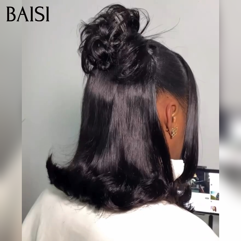 BAISI 13x4 lace Perruque Coiffée Bob Lisse Noir 1B#  12Pouces 129€ Coiffure chignon à bout légèrement balayé A la Mode en 100% Cheveux Humains