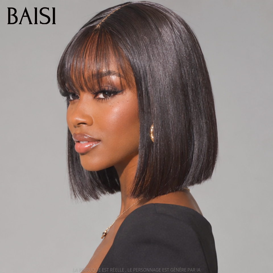 BAISI Perruque Bob lisse Avec Frange Perruque de Luxe 100% Vietnam Hair SDD BONE STRAIGHT 200% densité  Sans Lace Sans Colle en 100% Cheveux Humains