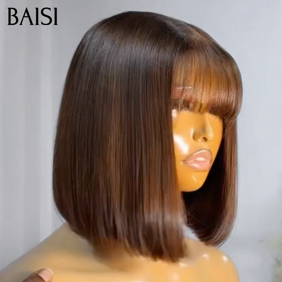 BAISI Achetez 3 Gagnez 4  Lot de 3 Perruques Bob 10pouces 249€ Carré Lisse Avec Frange Marron 4#  + Curly Couleur Marron 4# + Carré Lisse Noir En 100% Vrais Cheveux Humains