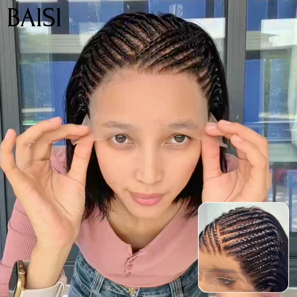 BAISI 13x6 Lace Perruque Coiffée Bob Lisse Avec Nattes Diagonales Deja Prête A Porter Simple et Naturelle Couleur Noir 1B# en 100% Cheveux humains