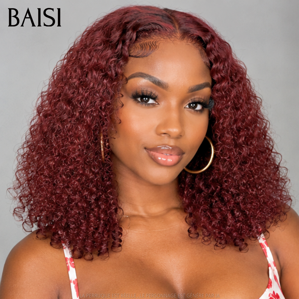 BAISI Perruque Bob 4x4 Lace Closure Bouclée en Rouge Bordeaux 99J# 250% densité Sans Colle Lace déjà couper Facile à Porter en 100% Cheveux Humains