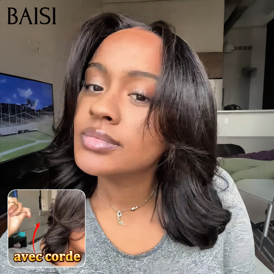 BAISI 13x4 Lace Perruque Sans Colle Avec Corde Body wave 12Pouces 129€ Coupe Dégradée Couleur Noir 1B# Chic et Tendance en 100% Cheveux humains