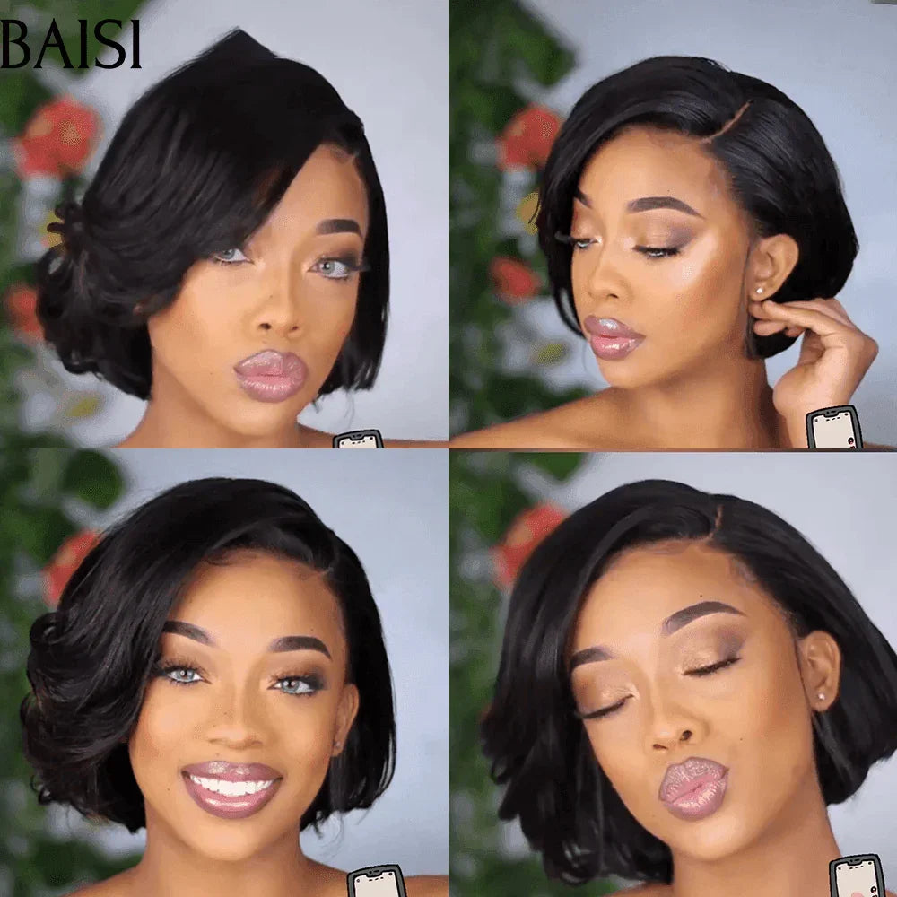 BAISI Perruque 13X4 lace frontal Pixie Vague 58€ En Couleur NOIR ou Lisse naturelle 1B en 100% Cheveux Humains